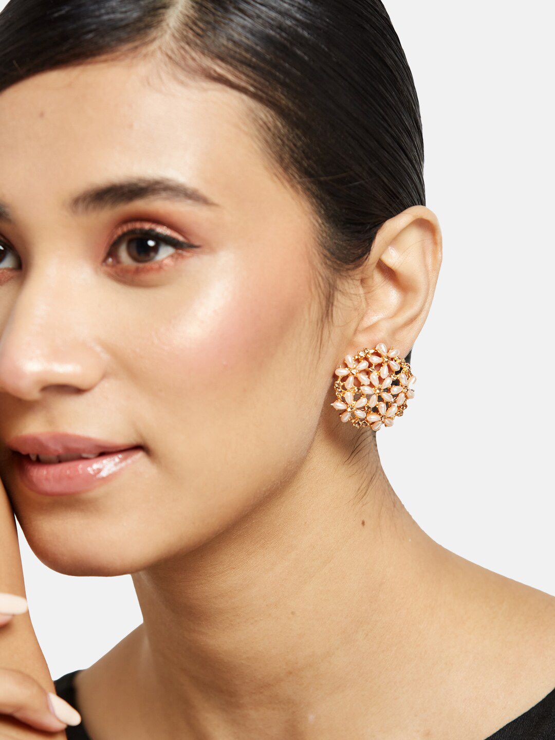 ATIBELLE Gold-Plated Artificial Stones and Beads Floral Studs Earrings