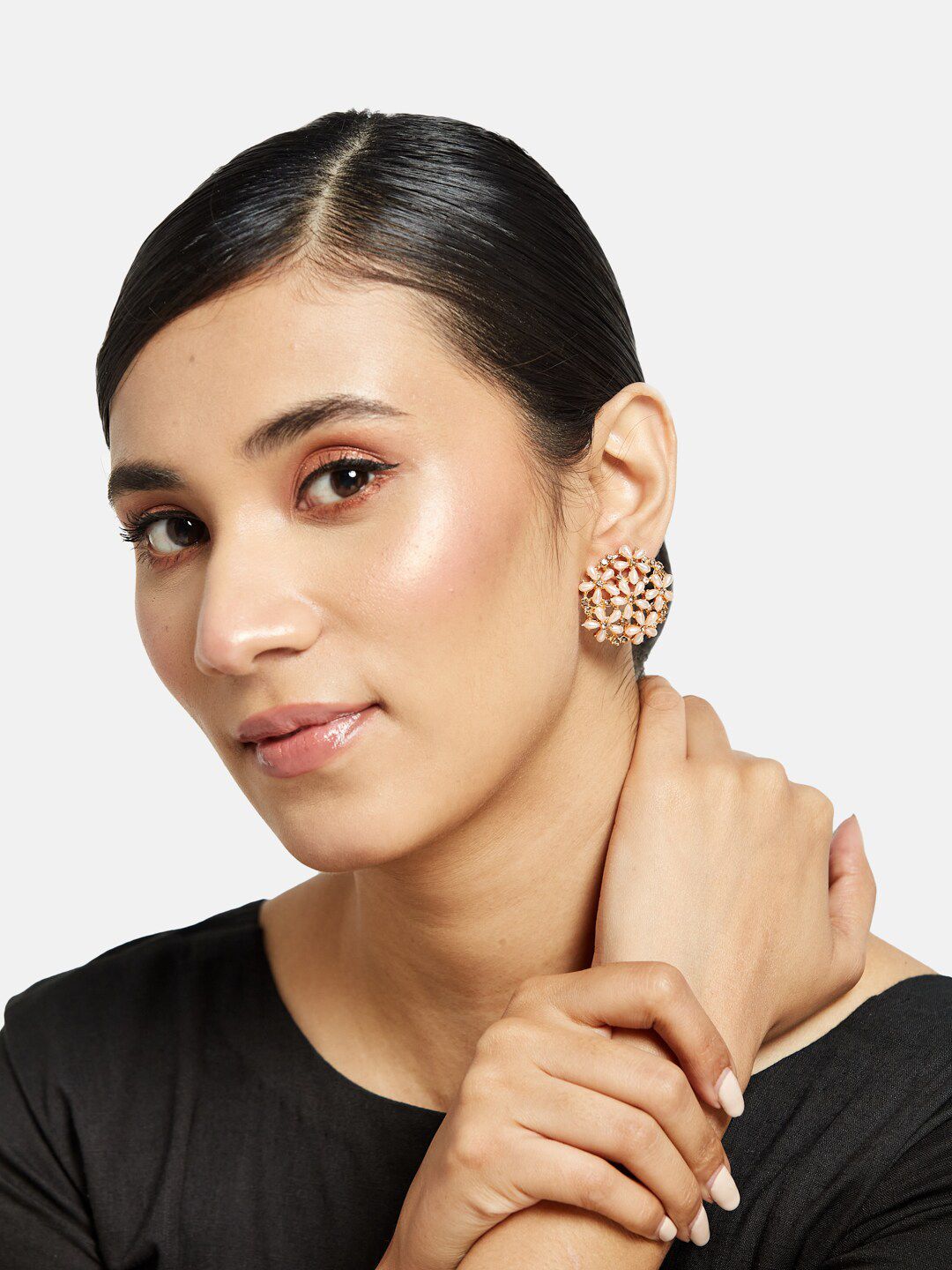 ATIBELLE Gold-Plated Artificial Stones and Beads Floral Studs Earrings