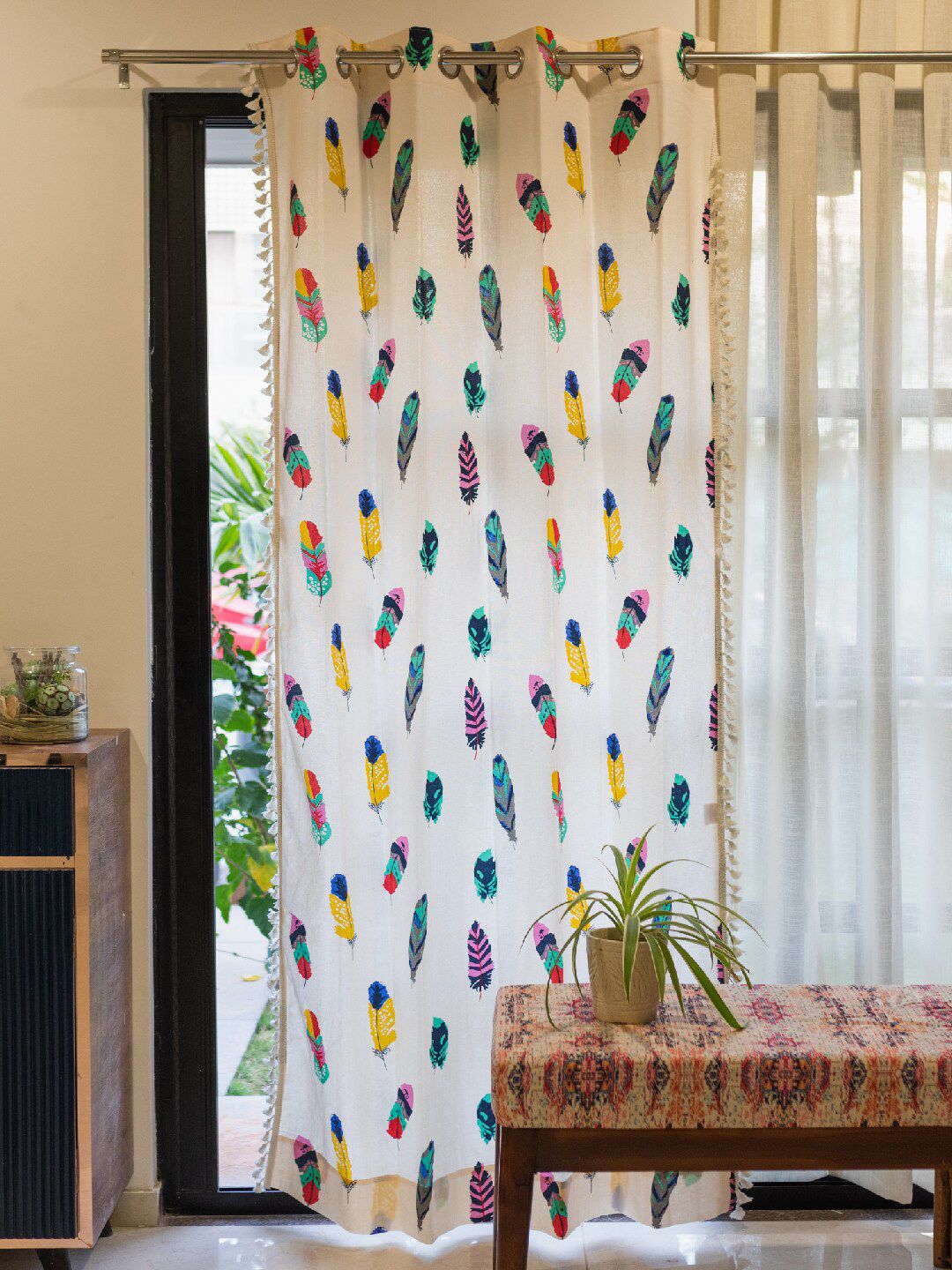 URBAN SPACE White & Green Geometric Cotton Window Curtain-picture-35