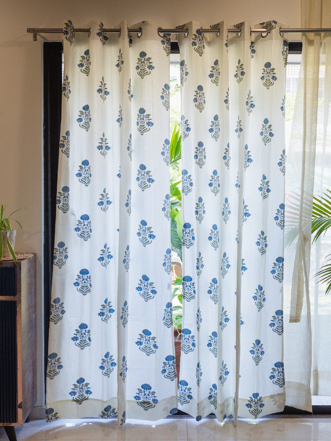 URBAN SPACE Off White & Blue 2-Pieces Ethnic Motifs Cotton Long Door Curtains-picture-41