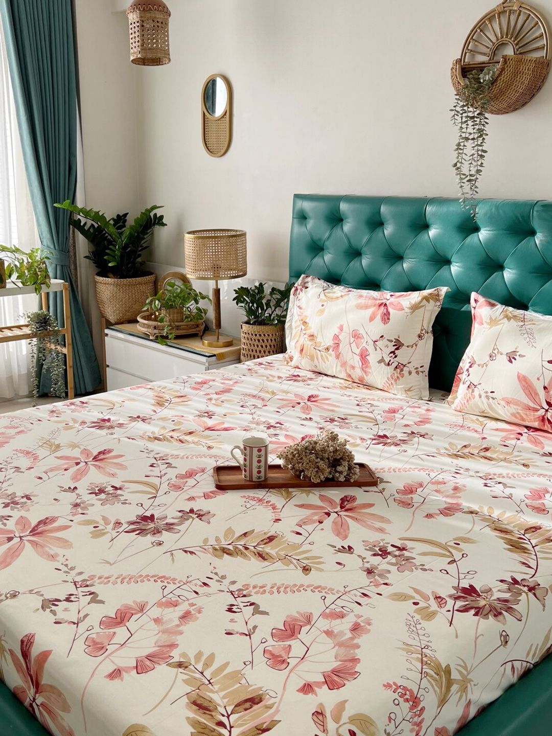 URBAN SPACE Serene White Floral Printed 200 TC Pure Cotton Queen Bedsheet & Pillow Covers-image-1