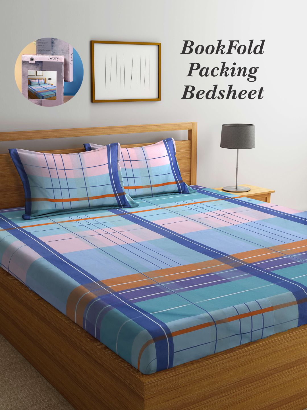 Arrabi Bookfold Blue & Pink Geometric Printed 300 TC King Bedsheet & Pillow Covers-image-18