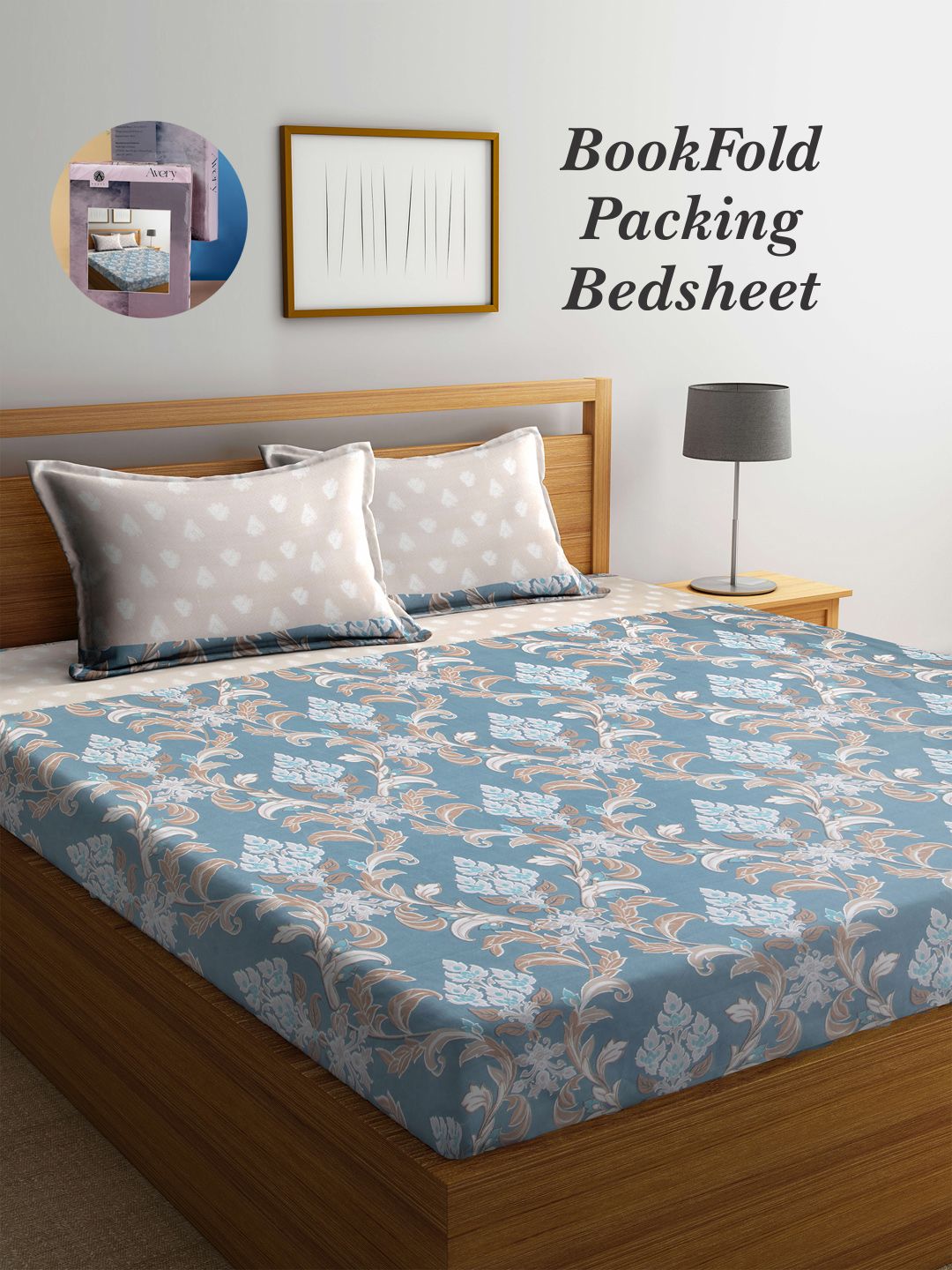 Arrabi Bookfold Blue & Beige Graphic Printed 300 TC King Bedsheet & Pillow Covers-picture-50