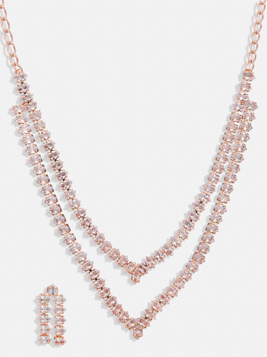 ATIBELLE Rose Gold-Plated AD-Studded Layered V-Shaped Brass Jewellery Set