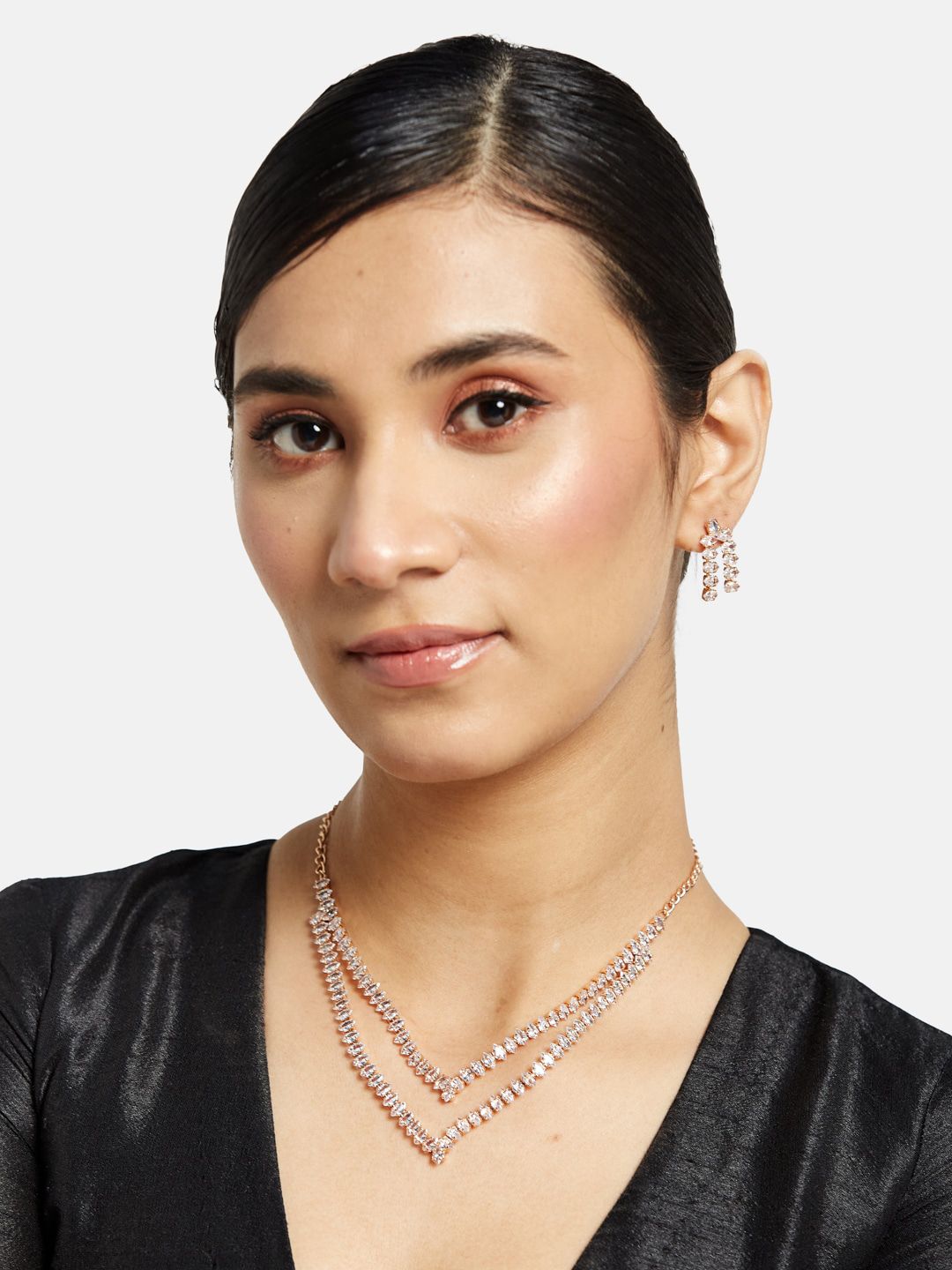 ATIBELLE Rose Gold-Plated AD-Studded Layered V-Shaped Brass Jewellery Set
