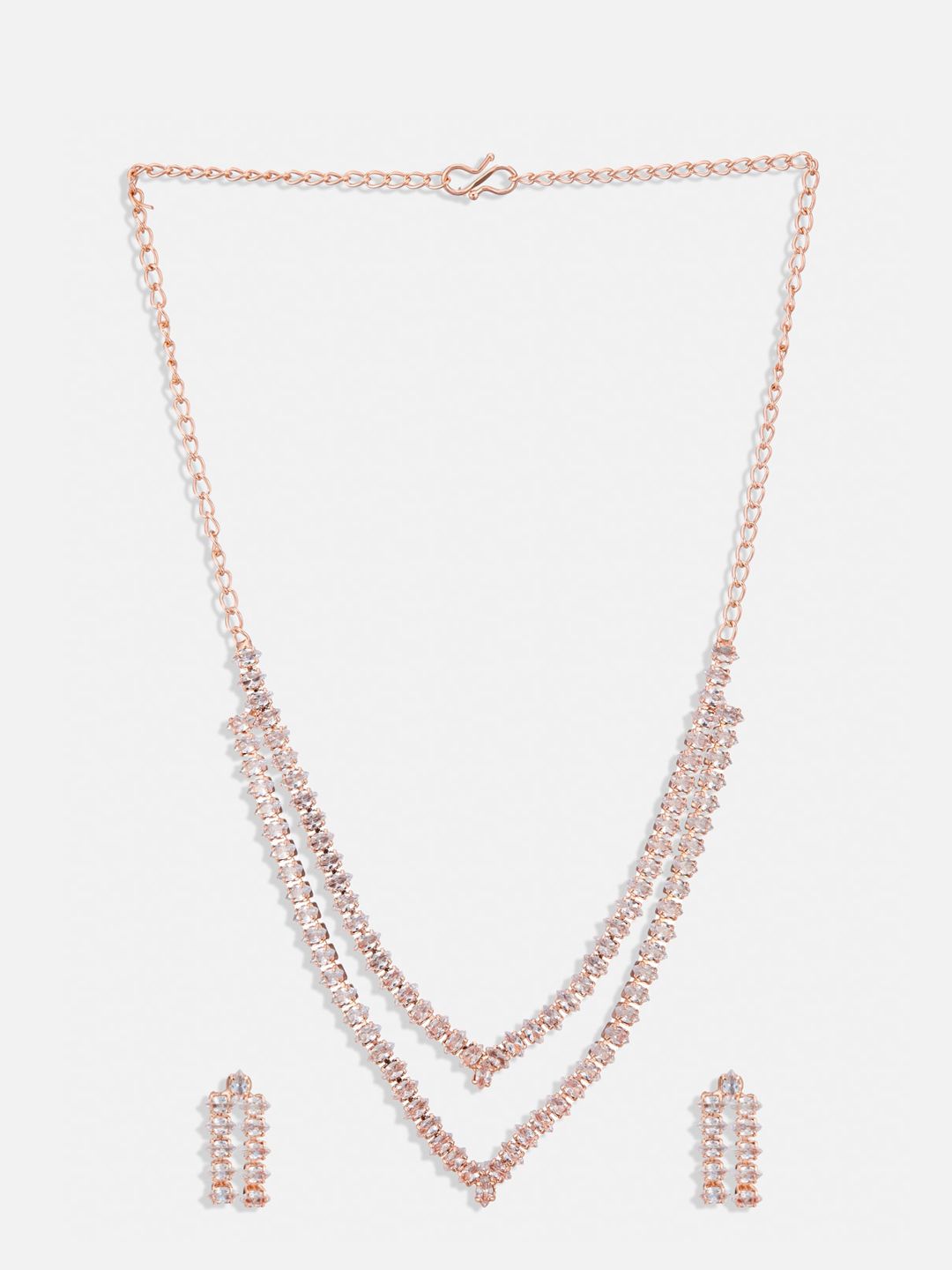 ATIBELLE Rose Gold-Plated AD-Studded Layered V-Shaped Brass Jewellery Set
