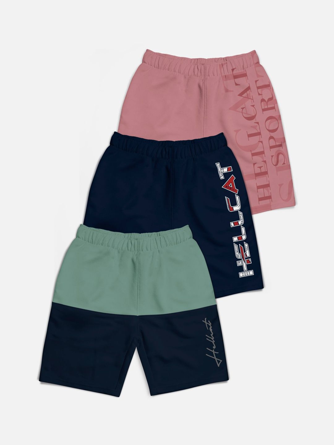 HELLCAT Boys Pack Of 3 Typography Printed Mid-Rise Cotton Shorts-picture-26