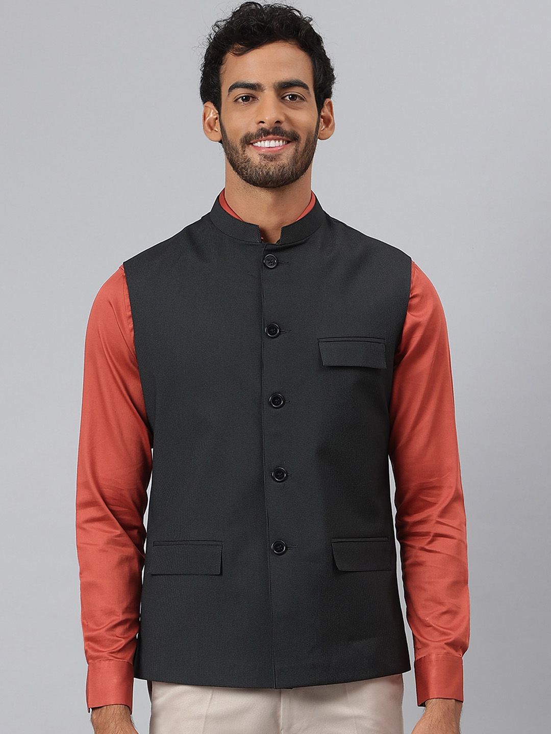 MR BUTTON Striped Mandarin Collar Woven Nehru Jacket-picture-12