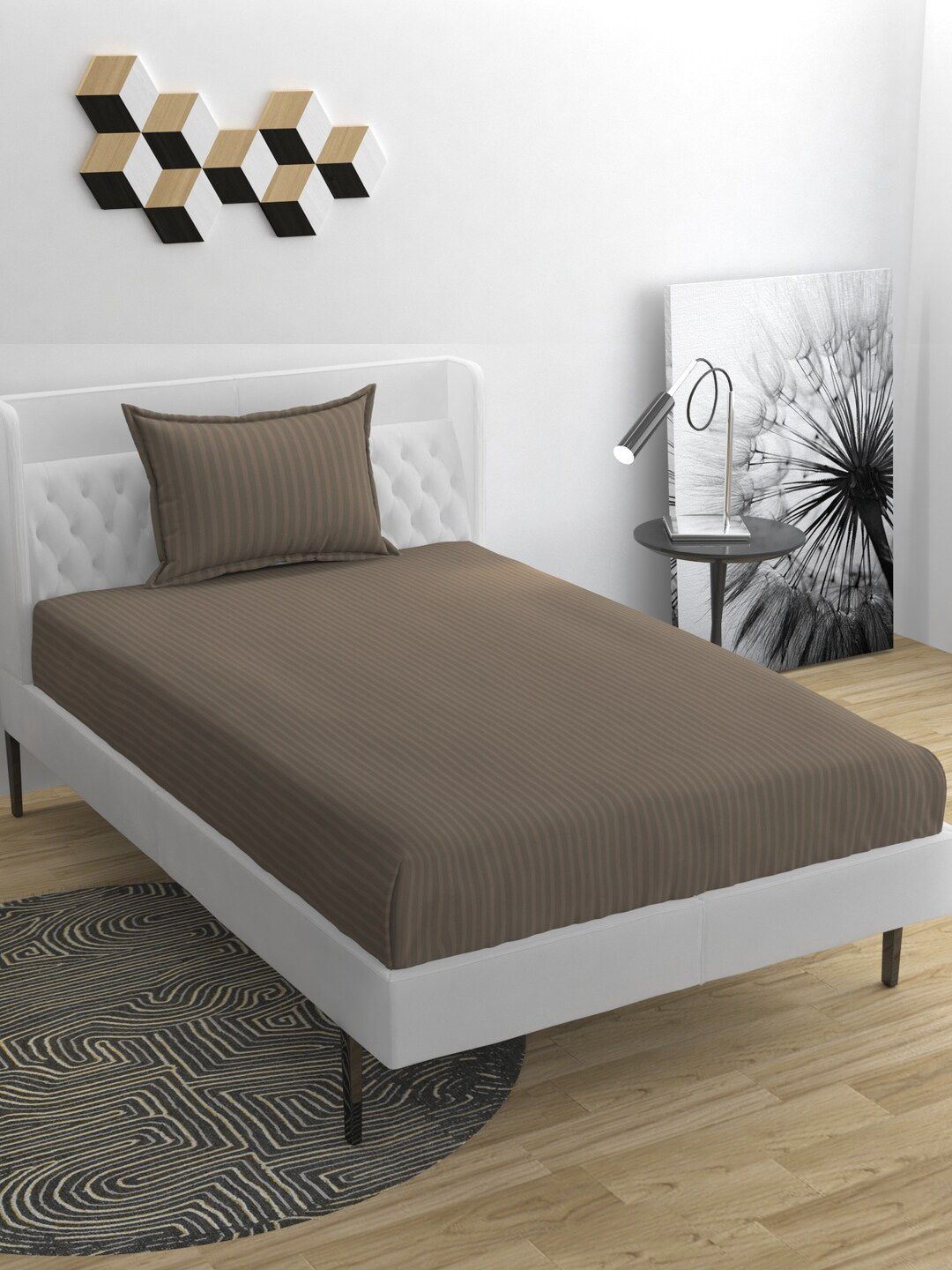 BELVOSTUM Beige Striped 220 TC Single Bedsheet & Pillow Cover-image-40