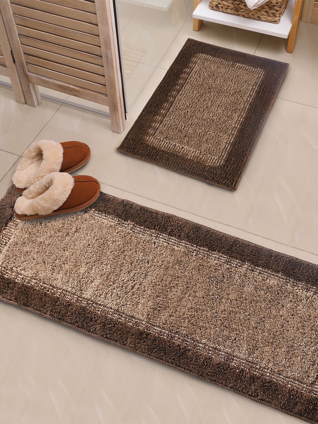 Saral Home Elyesse 2-Pcs Brown Self-Design Antiskid Runner & Bathmat