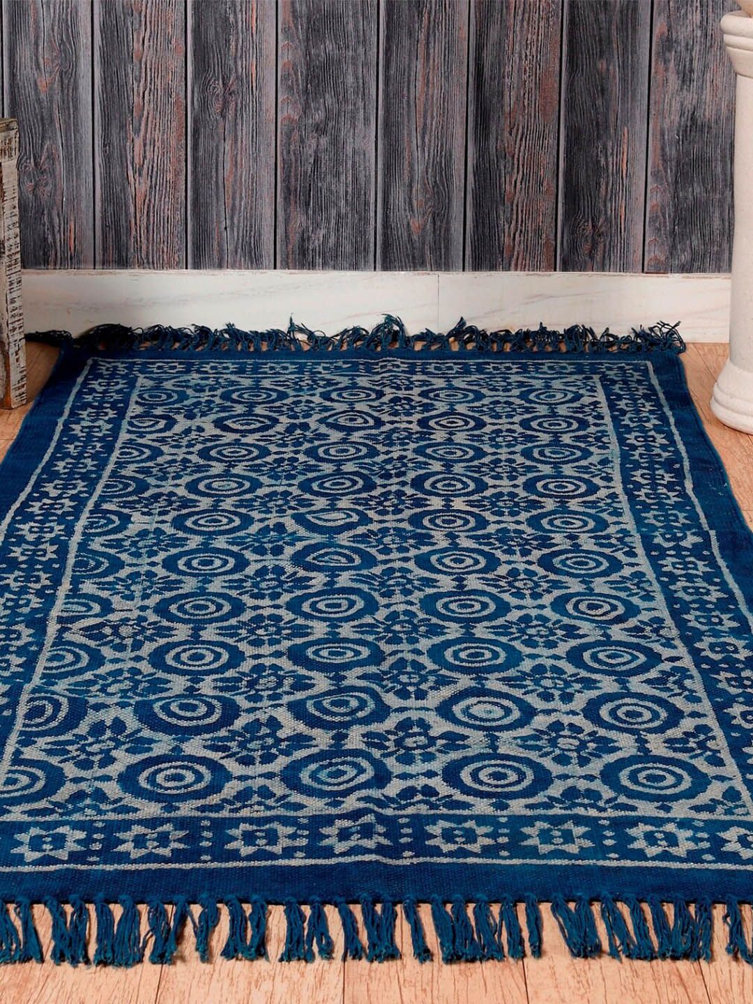 HANDICRAFT PALACE Blue & White Indigo Hand Block Printed Cotton Carpet-picture-12