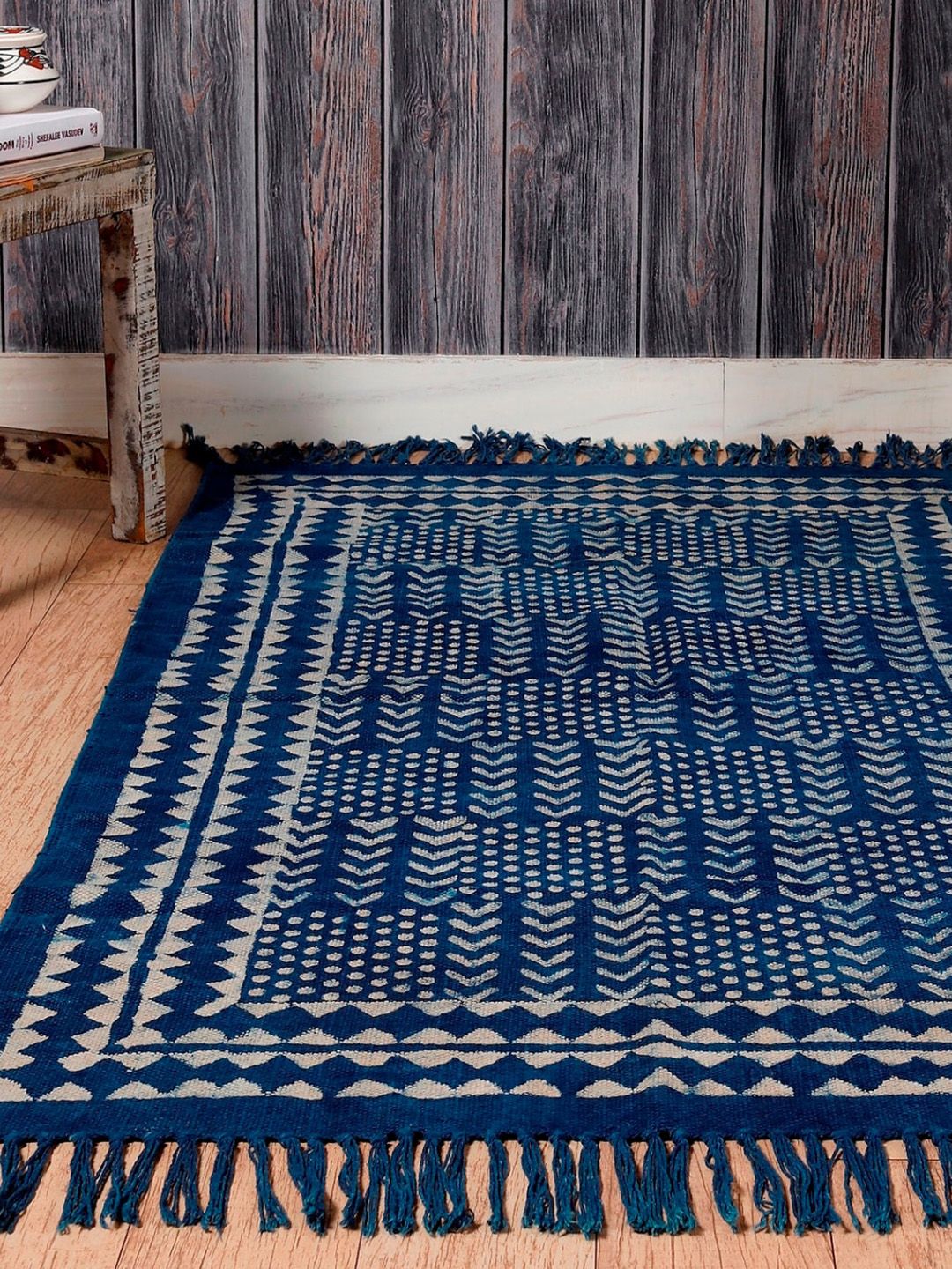 HANDICRAFT PALACE Blue & Beige Indigo Hand Block Printed Cotton Carpet-picture-17