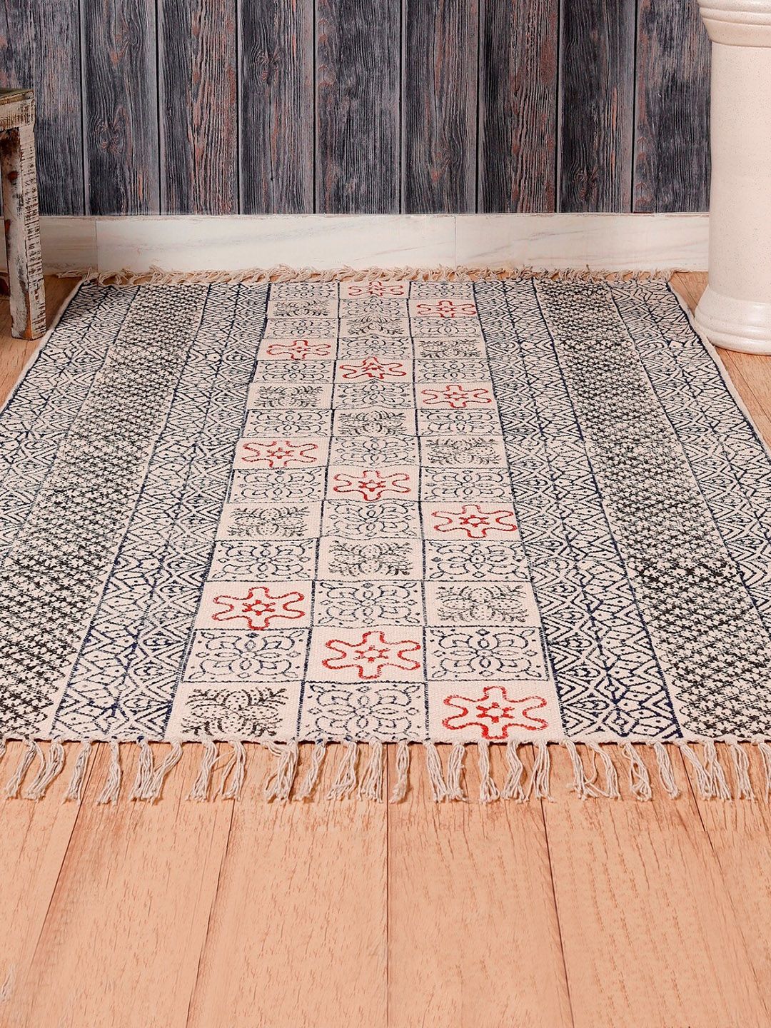 HANDICRAFT PALACE Beige & Black Hand Block Printed Cotton Carpet