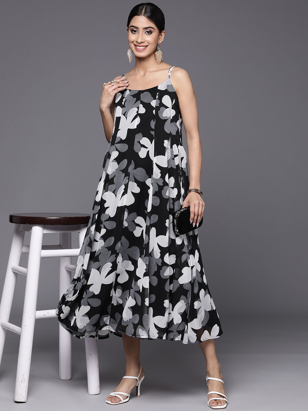 Varanga Floral Print Georgette A-Line Midi Dress-picture-0