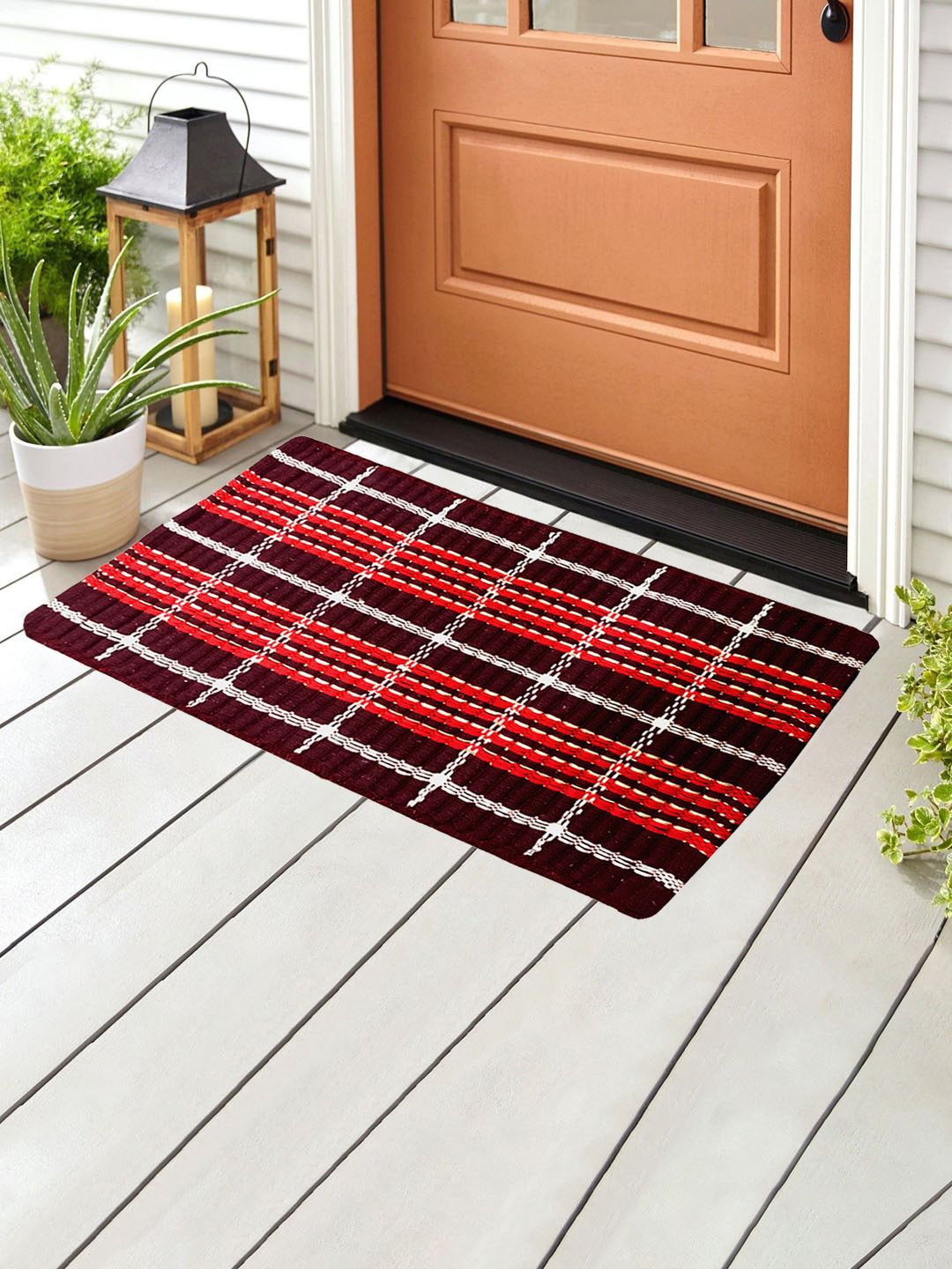 WEAVERS VILLA Maroon & Red Self Design Cotton Doormat-image-14