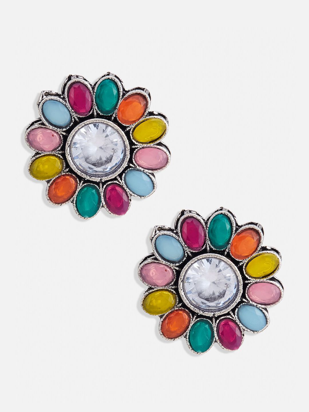 ATIBELLE Silver-Plated Stone Studded Floral Studs Earrings