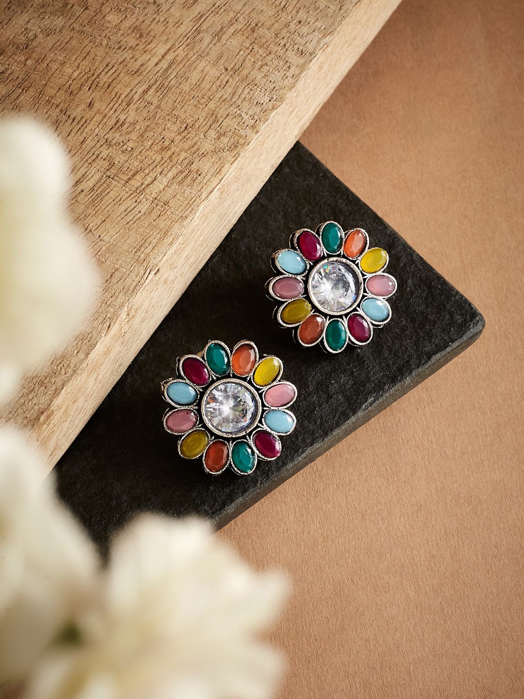 ATIBELLE Silver-Plated Stone Studded Floral Studs Earrings