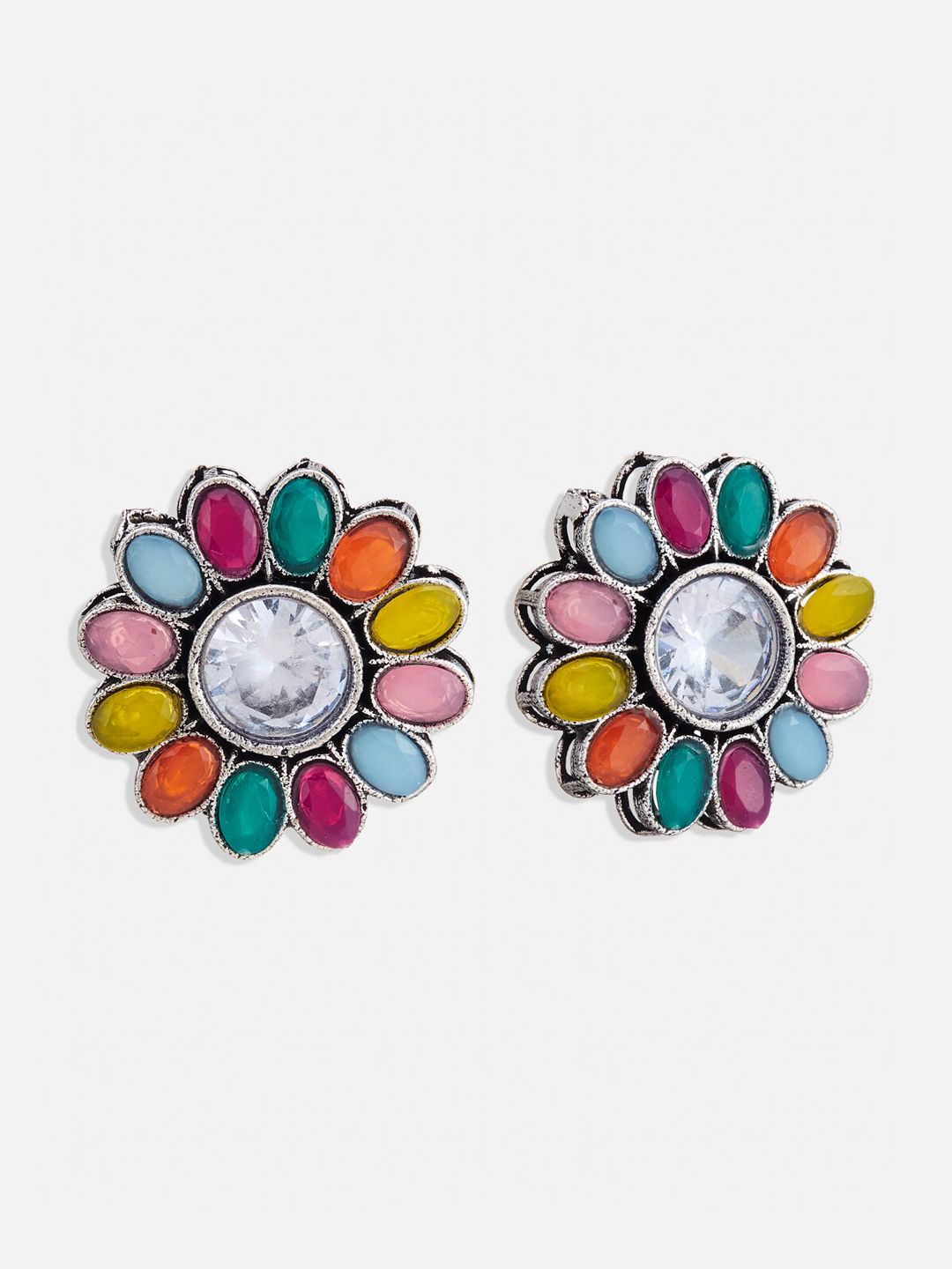 ATIBELLE Silver-Plated Stone Studded Floral Studs Earrings