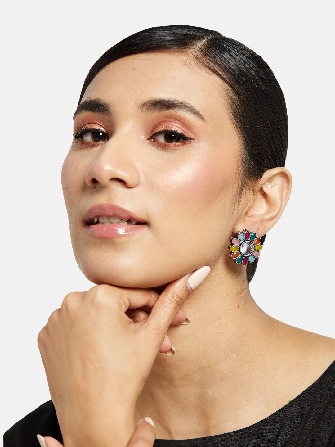 ATIBELLE Silver-Plated Stone Studded Floral Studs Earrings