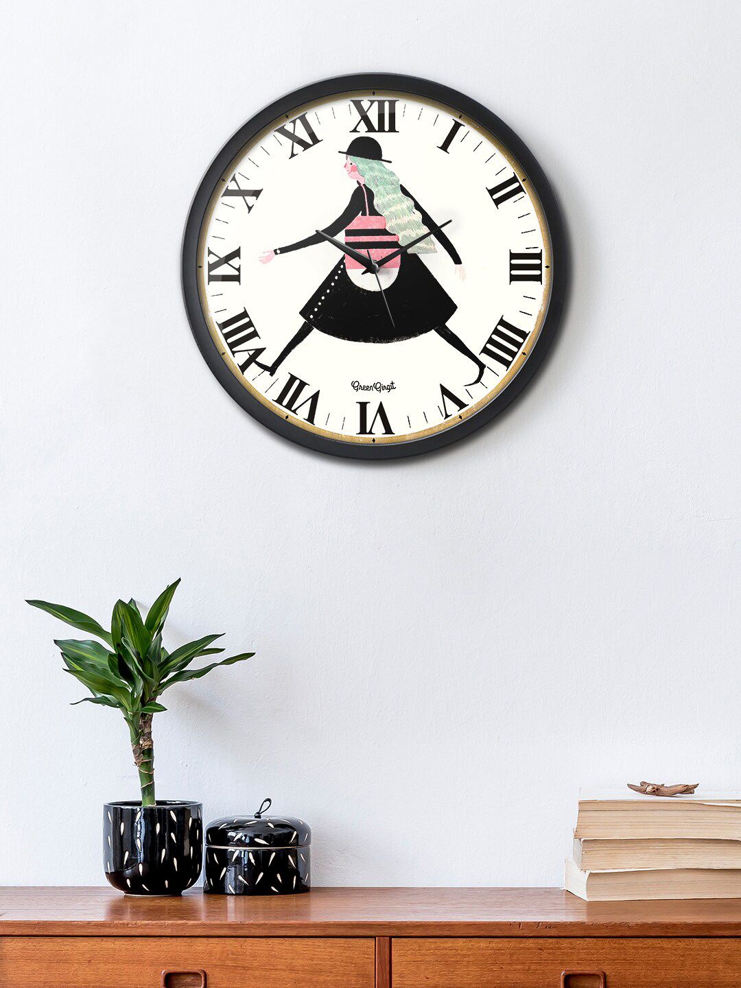 green girgit White & Black Wandering Girl Printed Contemporary Analogue Wall Clock-picture-36