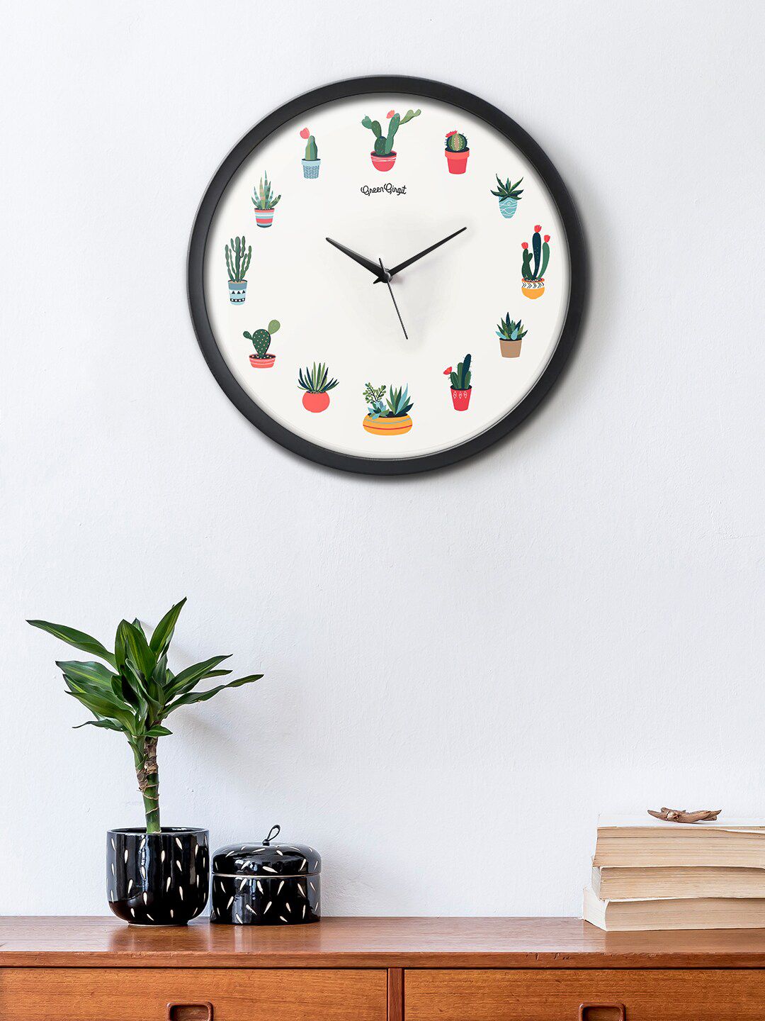 green girgit Succulents White & Black Printed Contemporary Analogue Wall Clock-picture-20