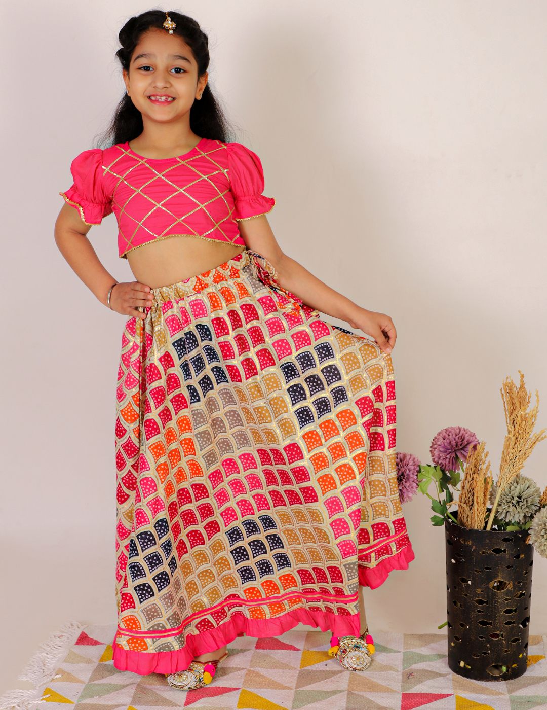 Superminis Girls Embellished Foil Print Ready to Wear Cotton Lehenga Choli-picture-10