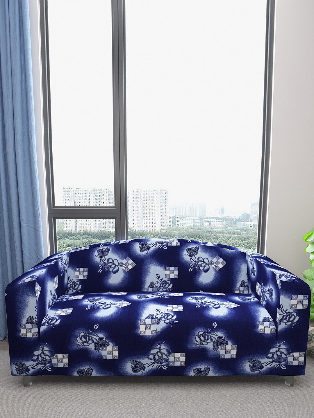 DREAM CARE Blue & White Floral Printed Waterproof & Flexible 3-Seater Sofa Cover-image-25