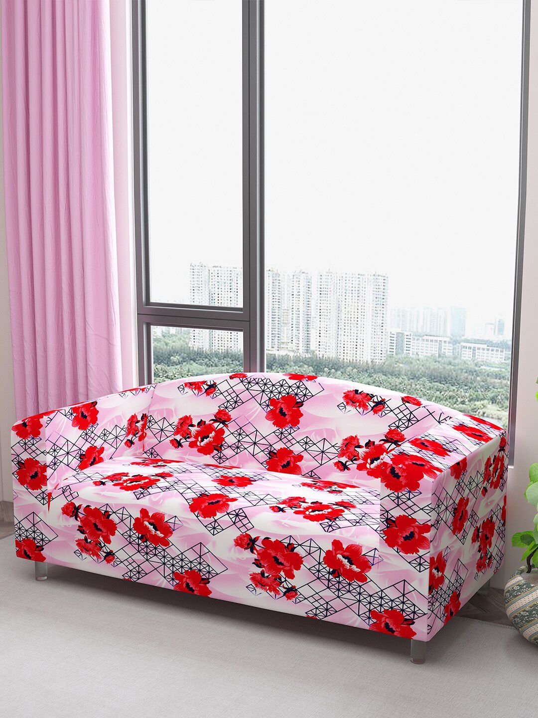 DREAM CARE Pink & Red Floral Printed Waterproof & Flexible 3-Seater Sofa Cover-picture-13