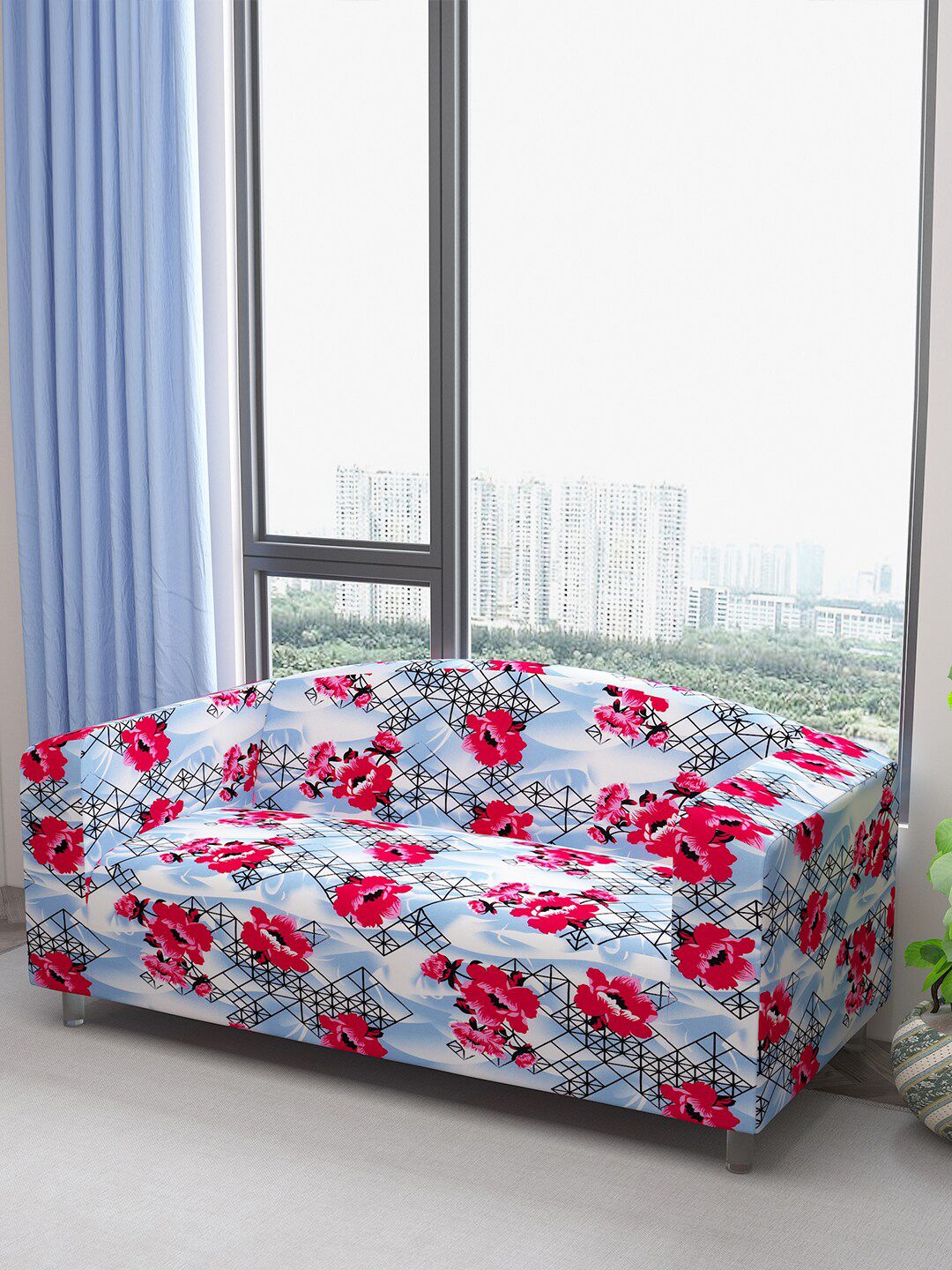 DREAM CARE Blue & Pink Floral Printed Waterproof & Flexible 3-Seater Sofa Cover-picture-19