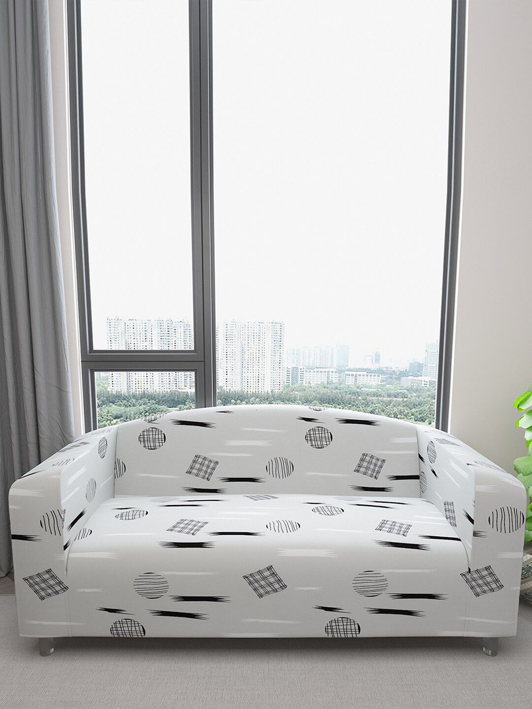 DREAM CARE Grey & Black Printed 3-Seater Flexible Sofa Cover With Arms-image-49