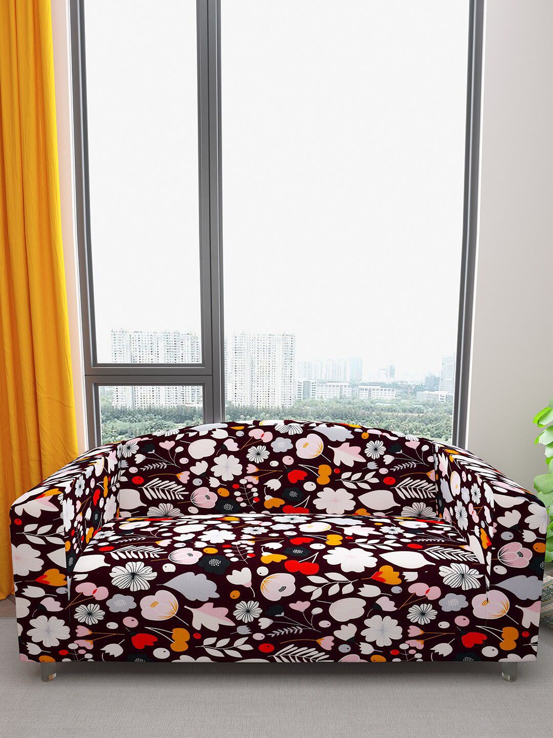 DREAM CARE Brown & Pink Floral Printed Waterproof & Flexible 3-Seater Sofa Cover-image-29