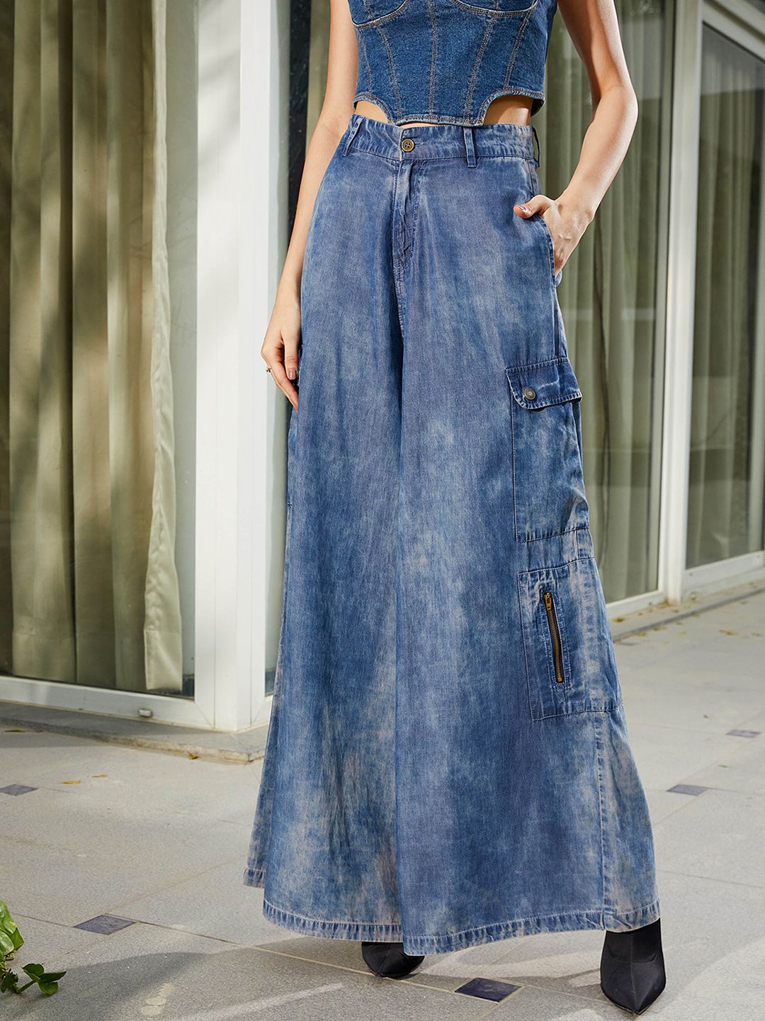 SASSAFRAS Women Acid Wash Pure Cotton Tencel Wide Leg Jeans-image-11