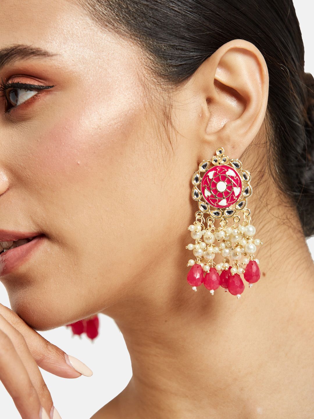ATIBELLE Gold-Plated Meenakari & Pearls Contemporary Drop Earrings