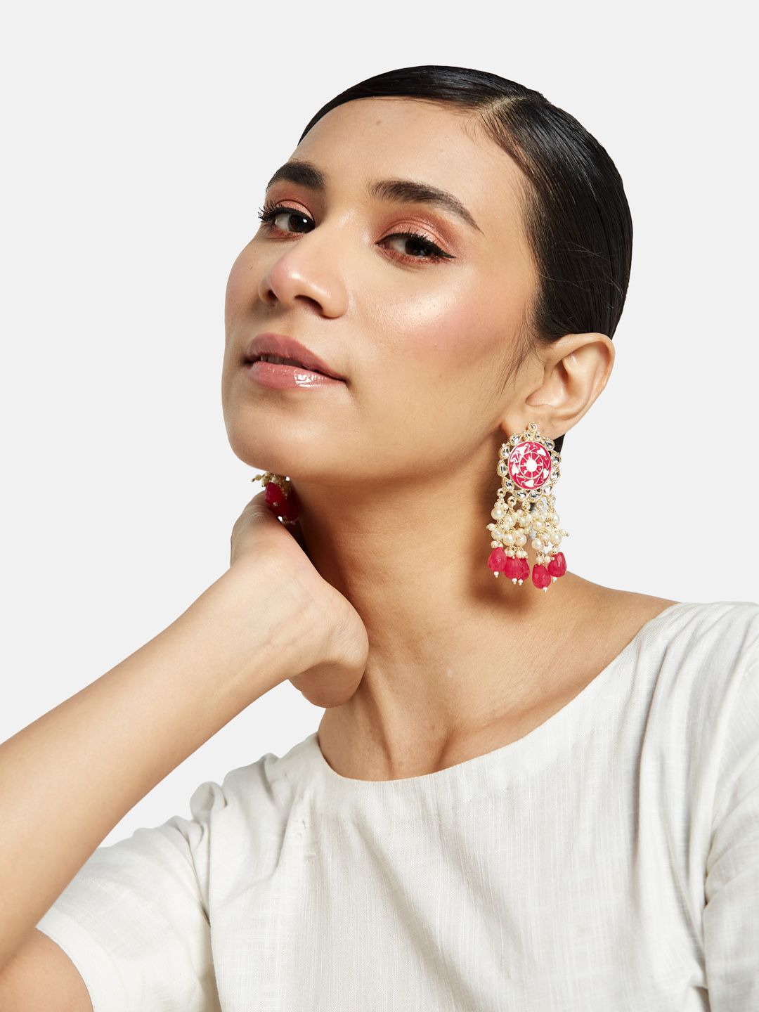 ATIBELLE Gold-Plated Meenakari & Pearls Contemporary Drop Earrings