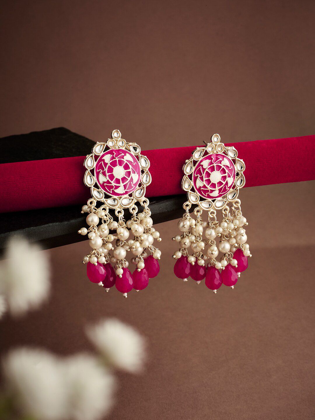 ATIBELLE Gold-Plated Meenakari & Pearls Contemporary Drop Earrings