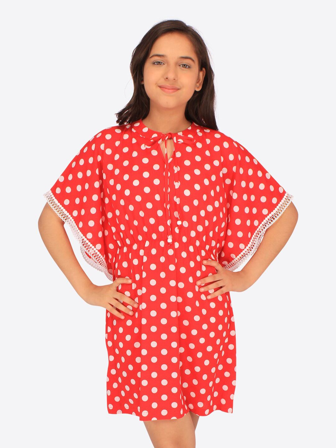 CUTECUMBER Girls Polka Dot Print Kimono Sleeve Georgette Kaftan Dress-picture-13