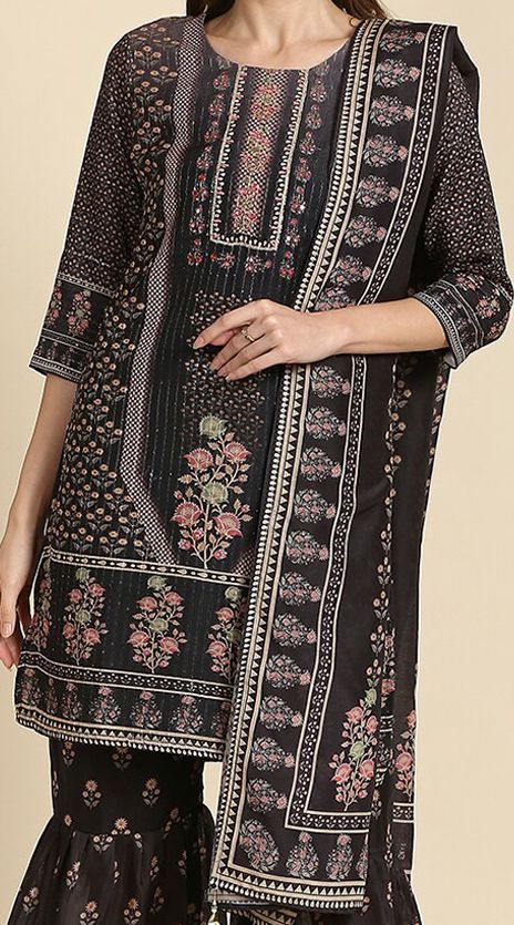 Women Embroidered Empire Mirror Work Kurti with Sharara & With Dupatta
