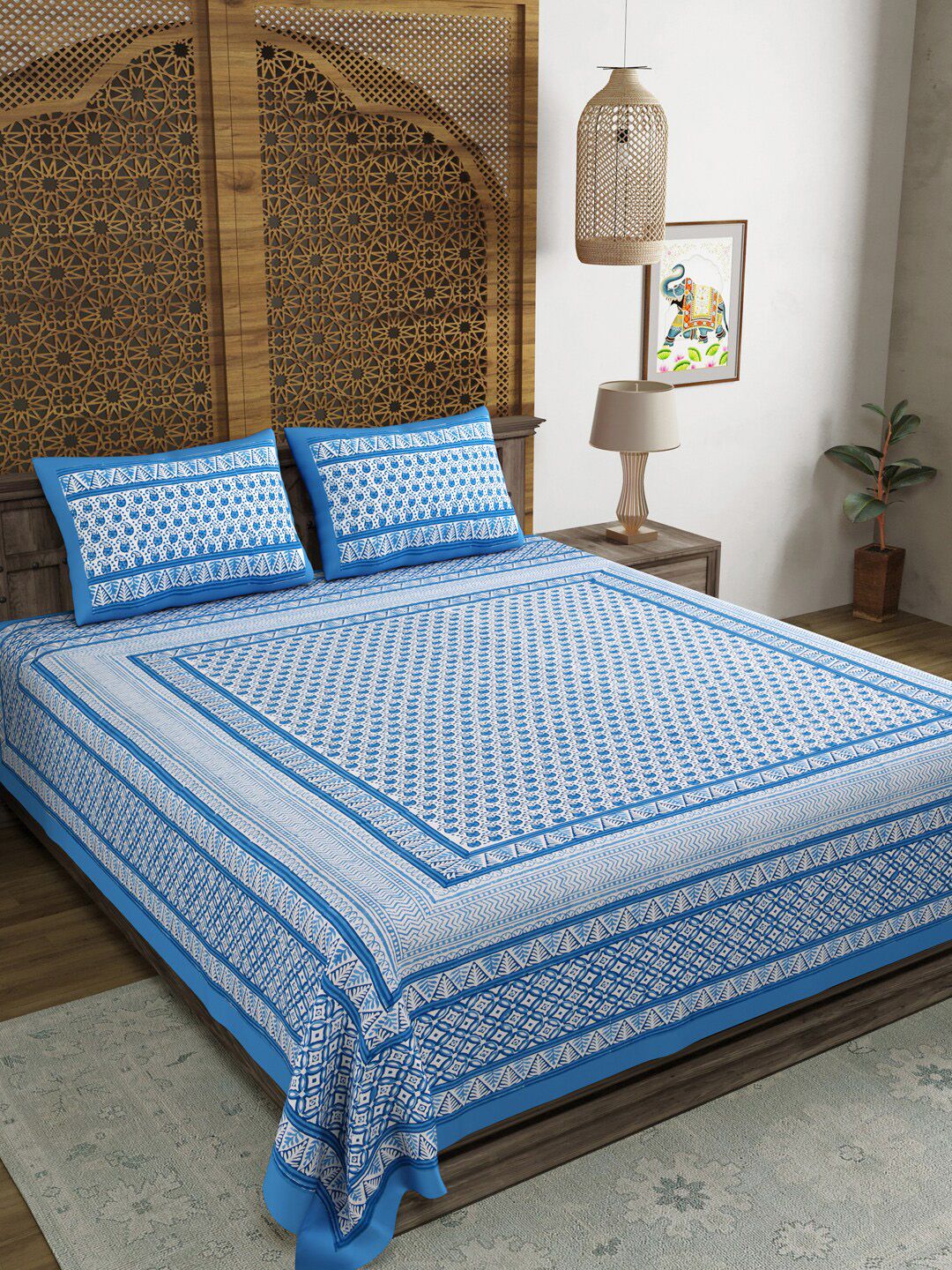 BLOCKS OF INDIA Blue & White Ethnic Motifs Printed 210 TC King Bedsheet & 2 Pillow Covers-picture-26