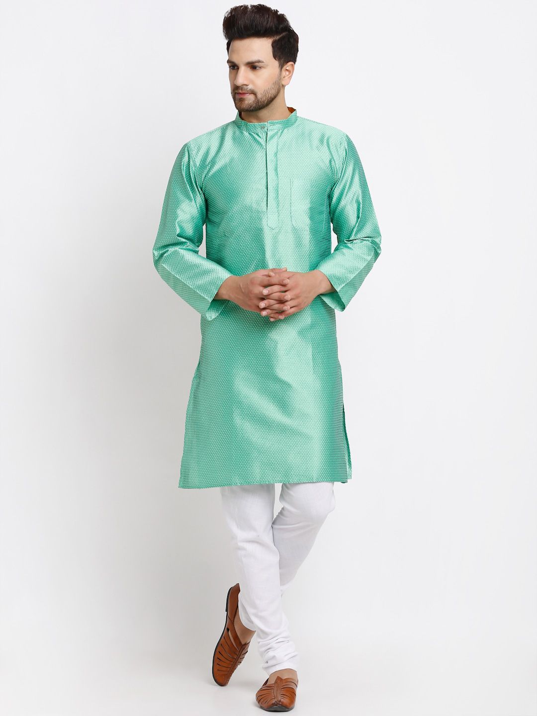 NEUDIS Geometric Woven Design Mandarin Collar Dupion Silk Kurta-picture-34