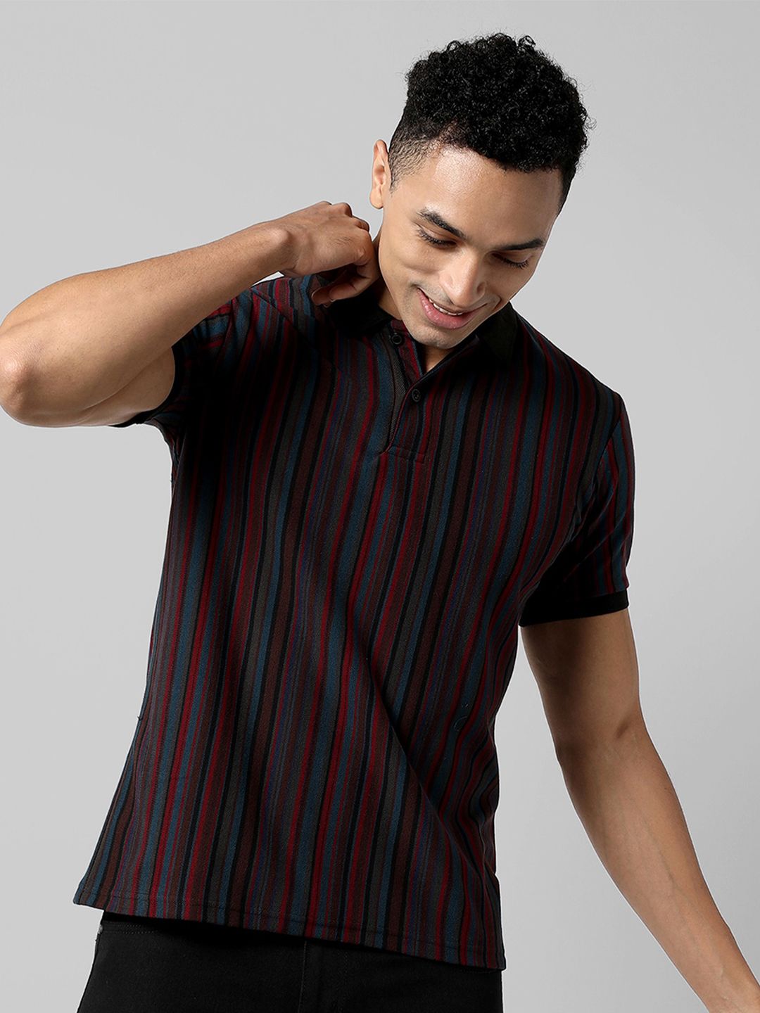 Campus Sutra Striped Polo Collar Cotton T-shirt