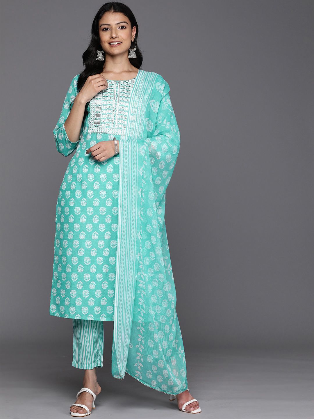 Indo Era Floral Printed Regular Sequinned Pure Cotton Kurta With Trousers & Dupatta-picture-14