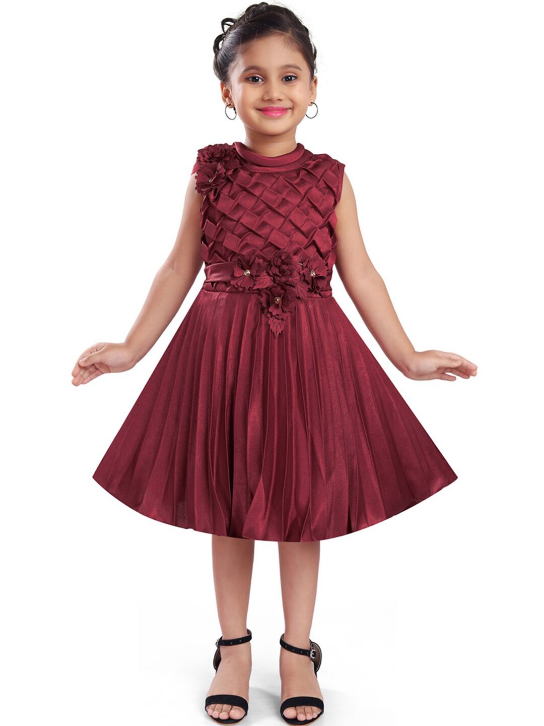 Wish Karo Girls Round Neck Self Design Accordion Pleats Satin Fit & Flare Dress-picture-50