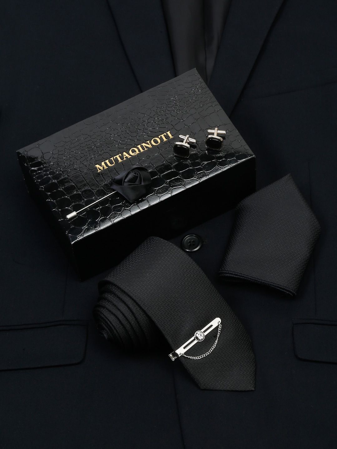MUTAQINOTI Men Checkered Black Silk Necktie Accessory Gift Set-picture-54