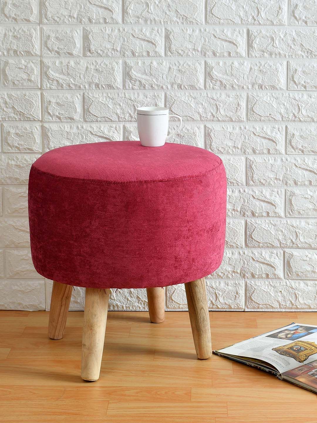 PRESTO Pink & Beige Round Ottomans With Wooden Legs-image-14