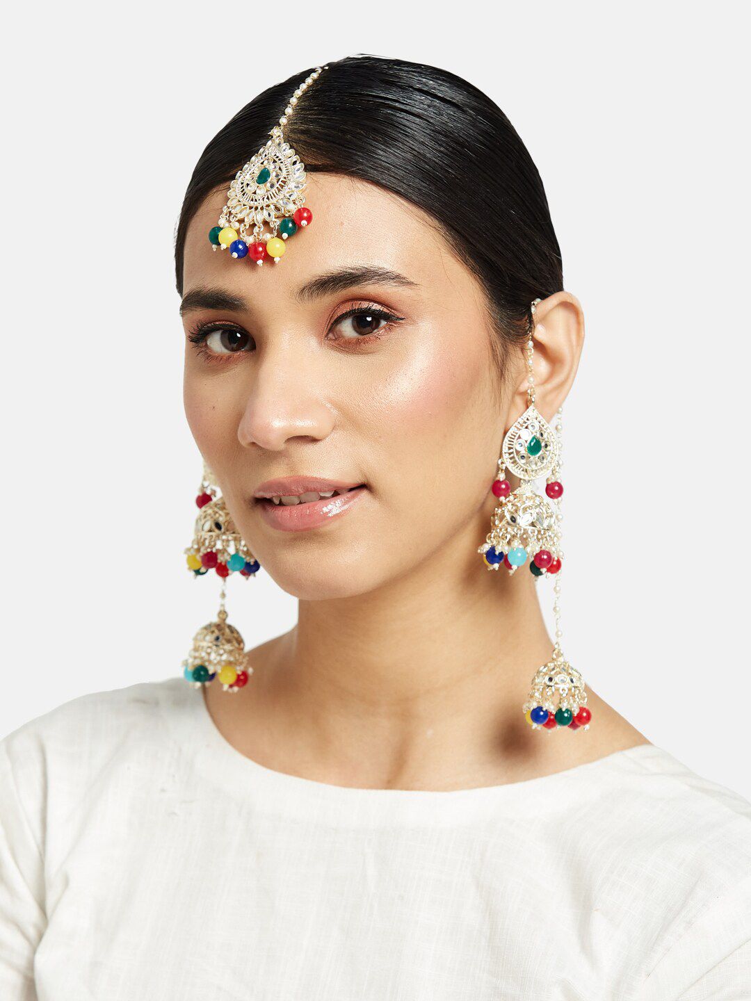 ATIBELLE Gold-Plated Stone-Studded & Beaded Jewellery Set