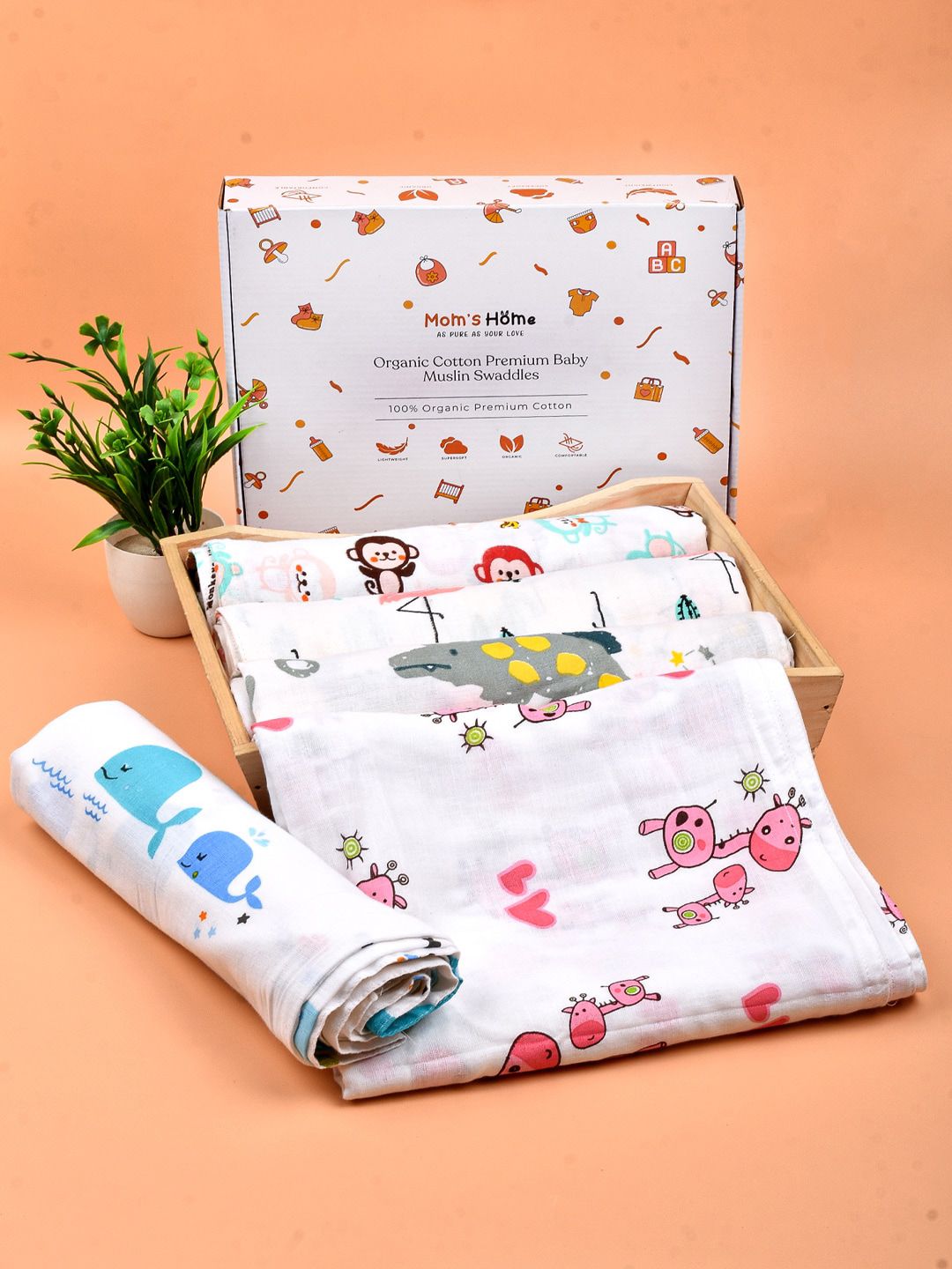 Moms Home Infants Set of 5 Printed Organic Cotton Supersoft Baby Muslin Swaddles-picture-58