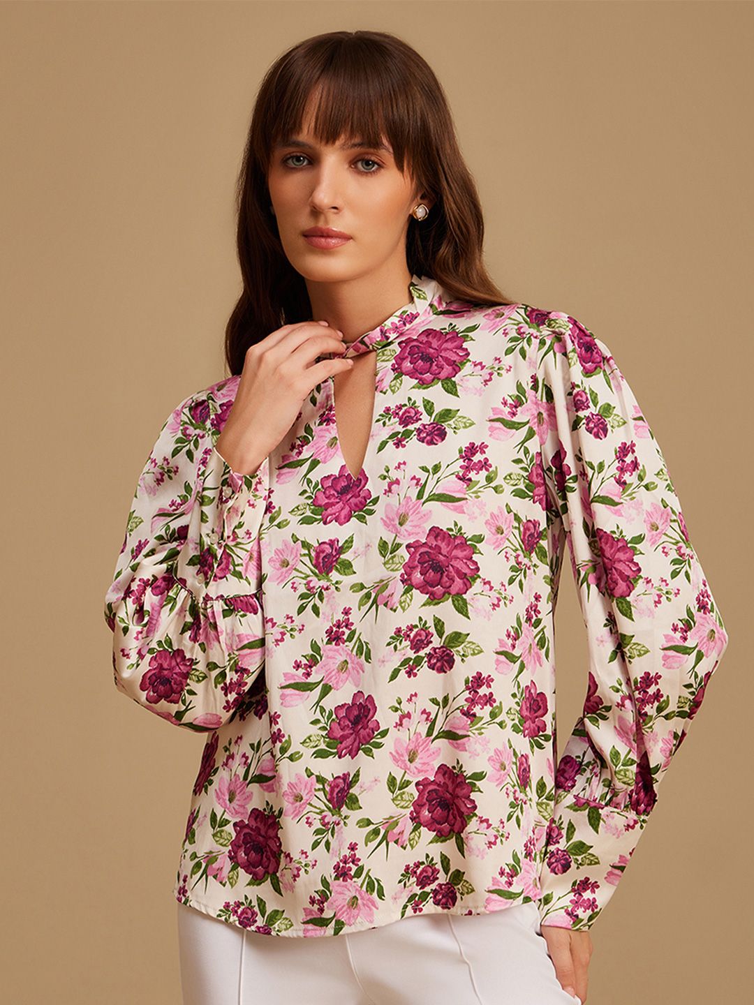 Kazo Floral Printed Keyhole Neck Satin Shirt Style Top