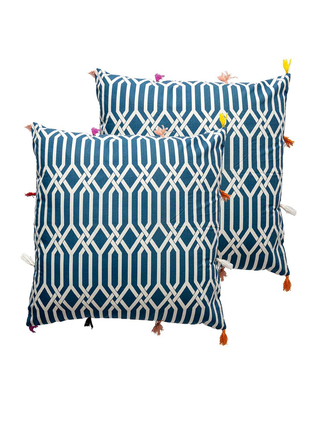 Contrast Living Blue & White 2 Pieces Geometric Cotton Square Cushion Covers-picture-25