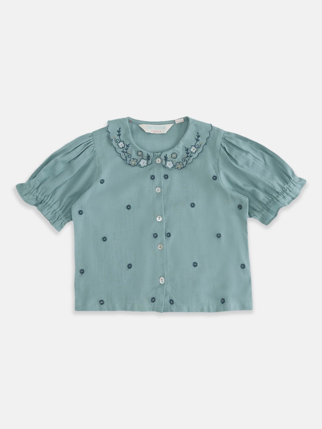 AKKRITI BY PANTALOONS Girls Embroidered Peter Pan Collar Short Puff Sleeve Cotton Top-image-21