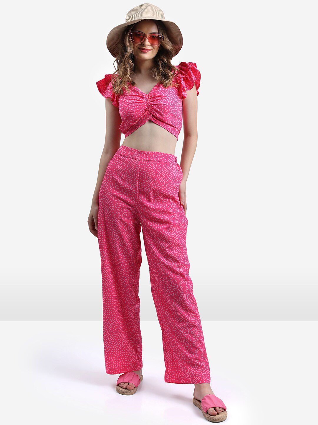KETCH Geometric Printed Crop-Top & Trousers